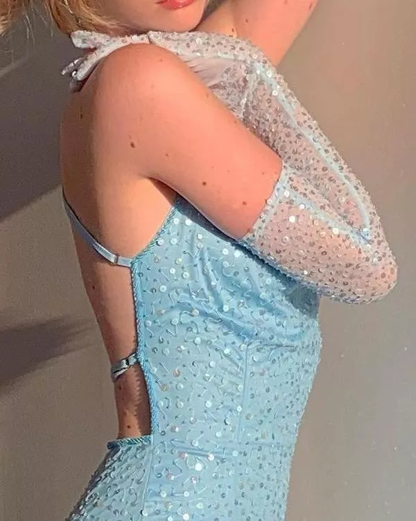 Sexy Blue Sequins Backless Mini Party Dress with Gloves