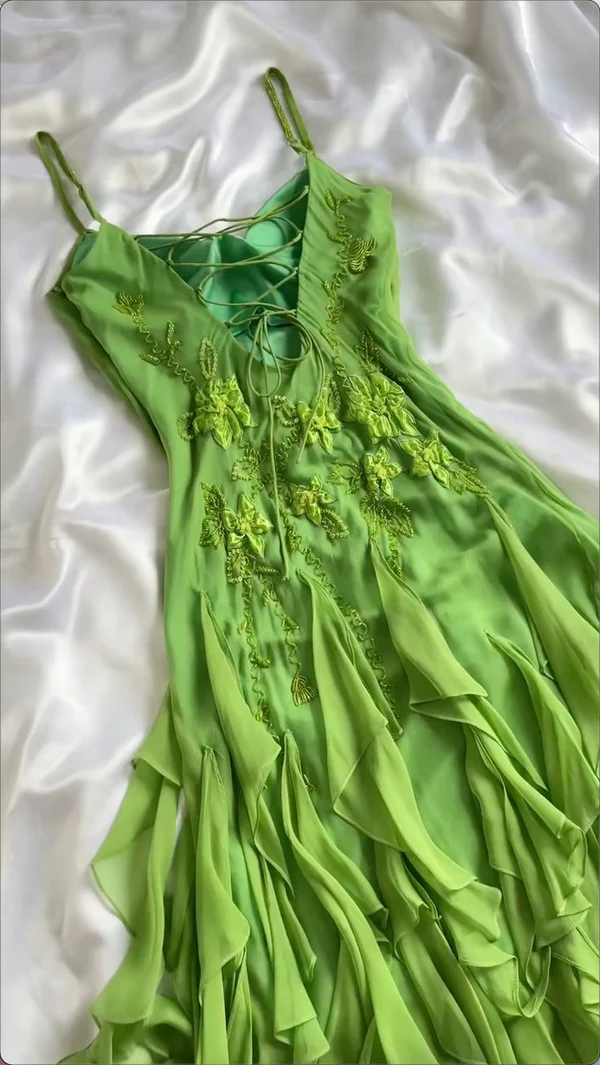 Beautiful Green Spaghetti Straps Chiffon Prom Dress A Line Party Dress Evening Dress
