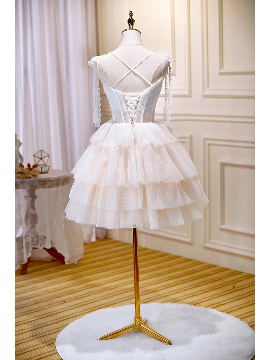 Classy Beige Spaghetti Straps Tulle Layered Short Birthday Outfits A Line Formal Homecoming Dress