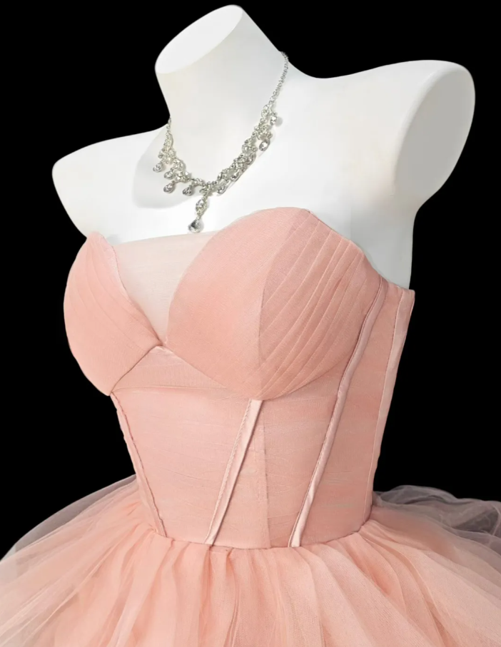 Elegant Strapless Pink Tulle Pleated Layered Long Party Dress Princess Birthday Dress