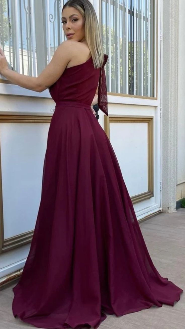 One Shoulder Maroon Chiffon Long Prom Dresses, One Shoulder Formal Evening Dresses