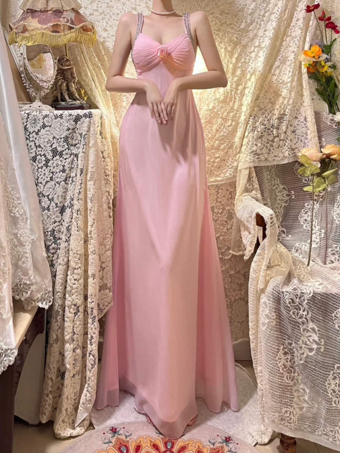 Classy Pink V Neck Chiffon Beaded Mermaid Long Wedding Guest Dress Formal Evening Dress