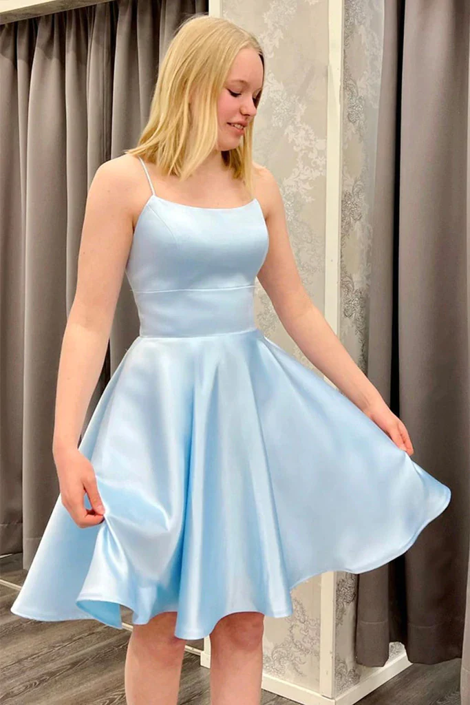 Cute Backless Short Light Blue Satin Homecoming Dress