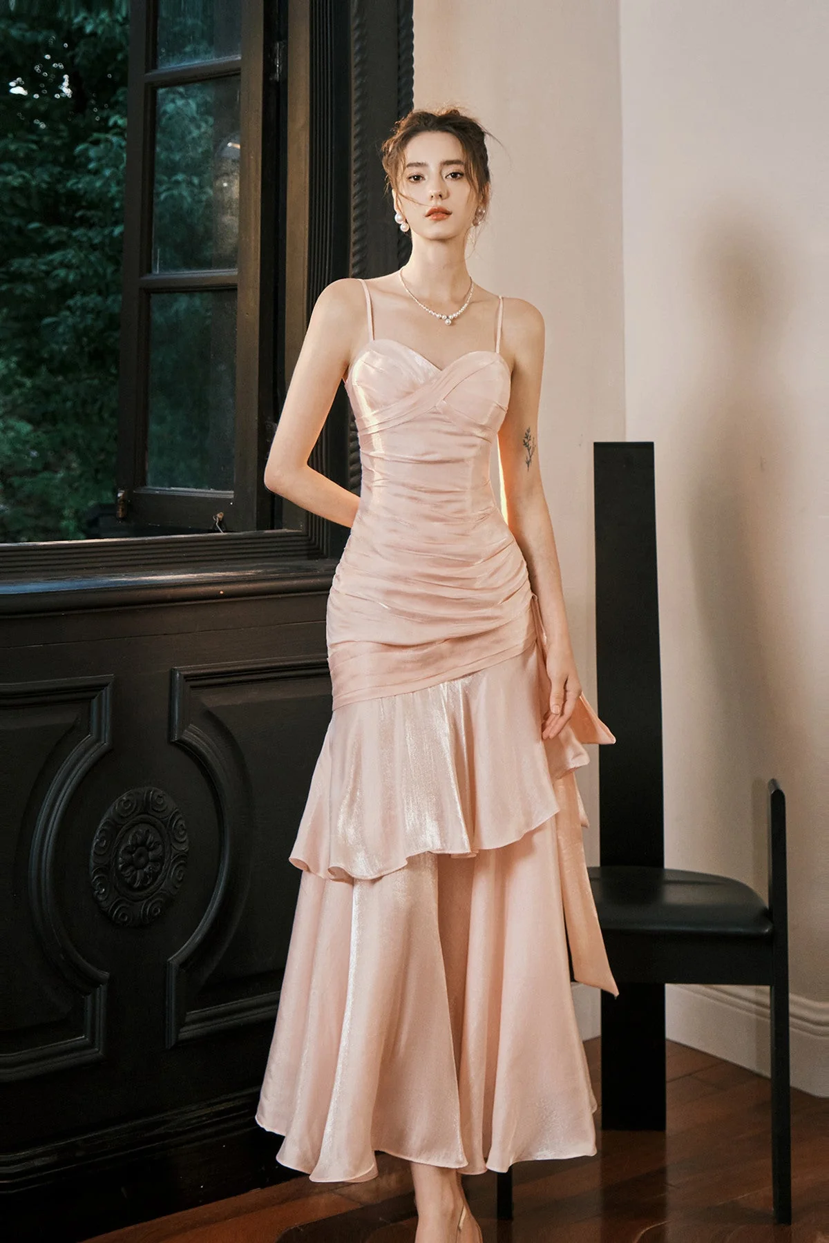 Elegant Pink Mermaid Evening Dress,Spaghetti Straps Satin Tiered Prom Dress