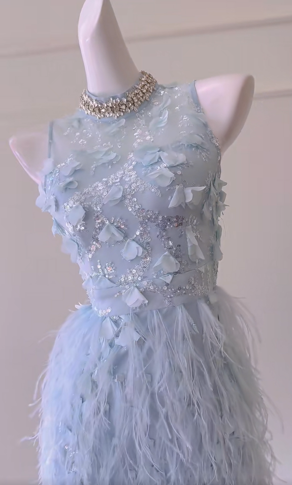 Cute Sky Blue Sleeveless Sequin Feathers Sheath Homecoming Dress Birthday Outfits