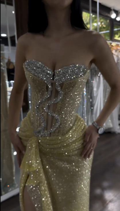 Glitter Strapless Yellow Sequin Beaded Mermaid Slit Evening Dress Formal Birthday Party Dress
