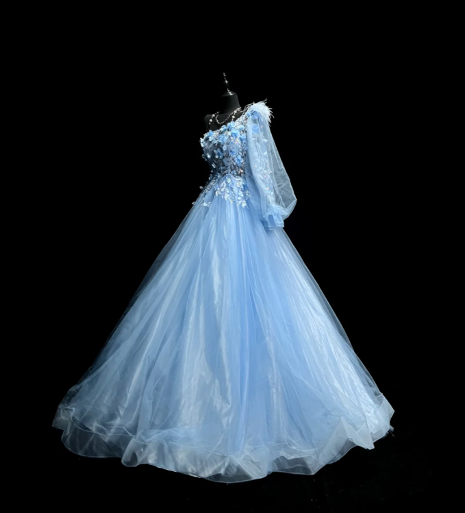 Pretty One Shoulder Blue Tulle Appliques Long Party Dress Formal Evening Dresses