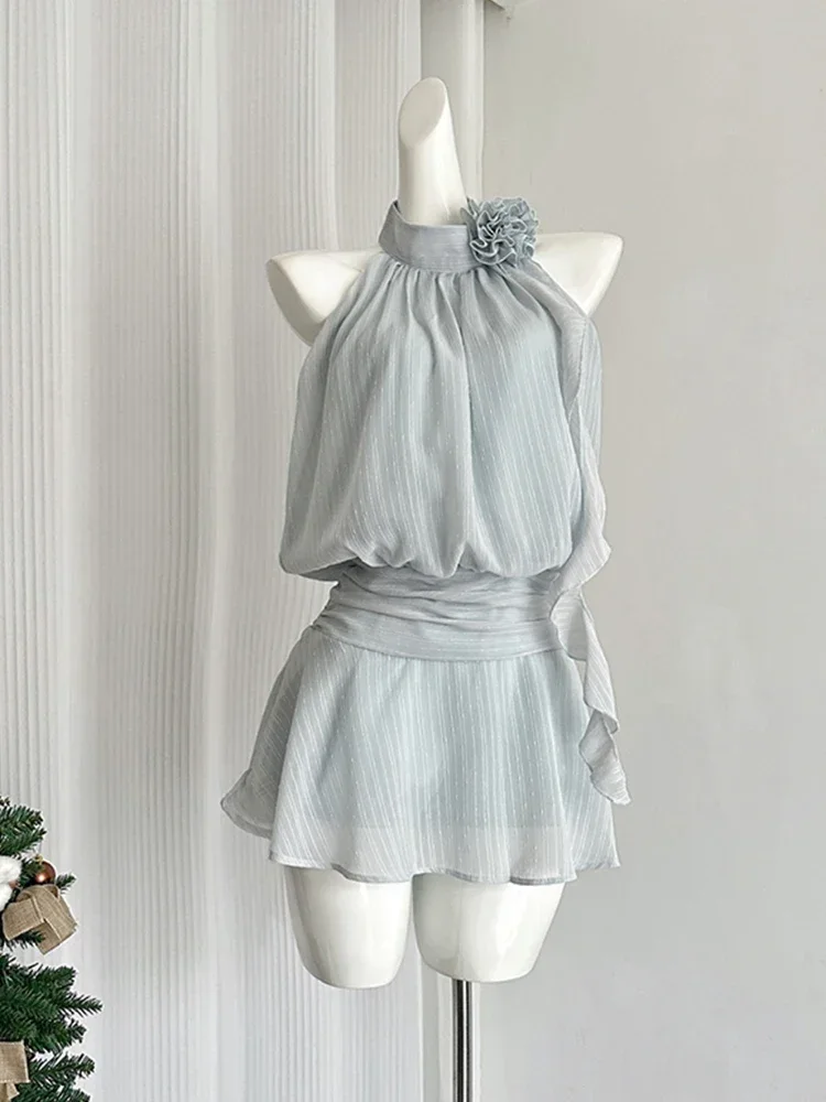 Blue Mini Sleeveless Chiffon Dress Women Frock Vacation Dress