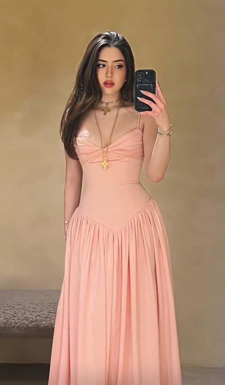 Simple Spaghetti Straps Pink Satin A Line Long Party Dress wedding Guest Dress