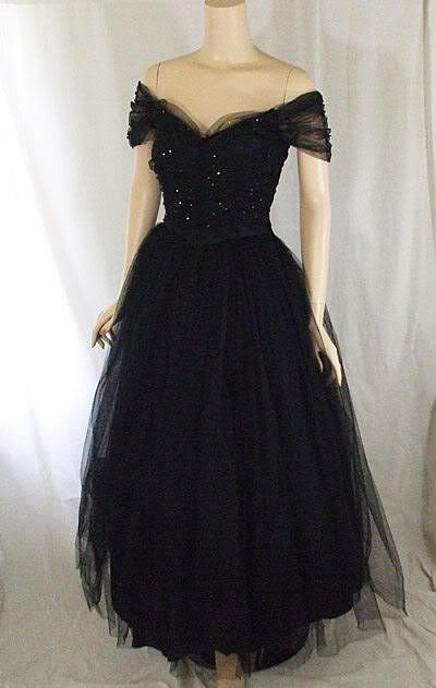 Vintage 1950s Black Tulle and Rhinestone Evening Dress