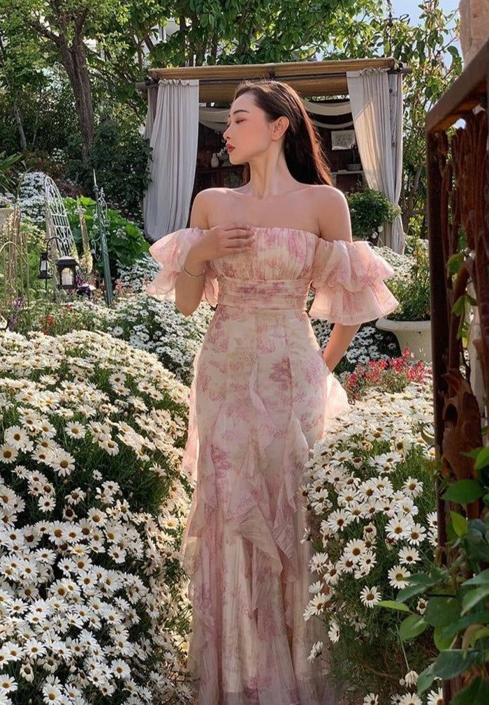 Pretty Chiffon Print Flowers Pink Prom Dress Long Party Evening Dress