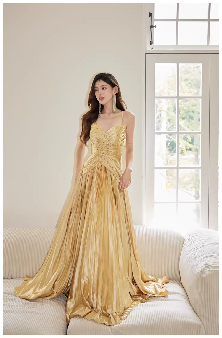 Gorgeous Spaghetti Straps Gold Satin Pleated Beaded A Line Long Evening Dress Birthday Dress