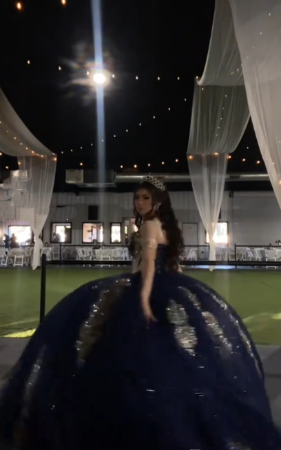 Gorgeous Navy Blue Off The Shoulder Tulle Sequin Sweet 16 Dress Formal Quinceanera Dress