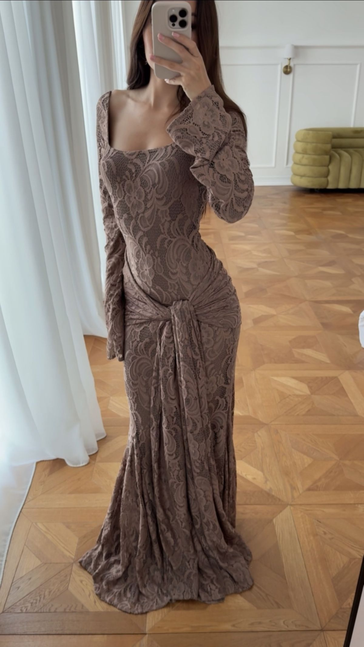 Vintage Square Neck Lace Mermaid Long Evening Dress Formal Wedding Guest Dress