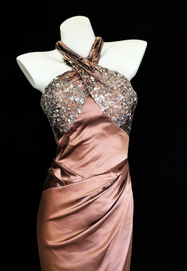 Fashion Halter Satin Sequin Mermaid Long Party Dress Backless Evening Dress