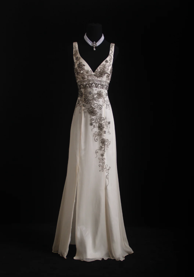 Elegant V Neck Off-white Chiffon Beaded Mermaid Party Dress Long Evening Gown