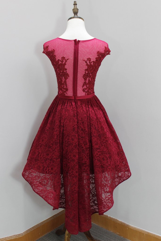 Lovely Wine Red Lace High Low Round Neckline Prom Dresses, Burgundy Homecoming Dresses, High Low Formal Dresses