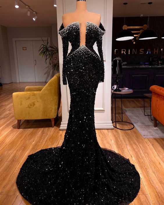 Deep Neck Black Sequins Prom Dress Meramaid Evening Dress With Long Sleeves Custom Made