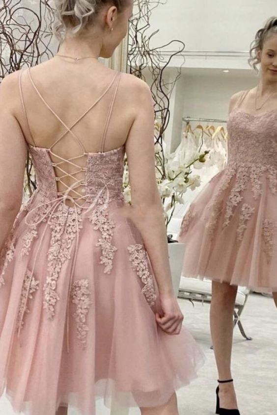 A line Pink lace short prom dress Lace-up Homecoming Dress