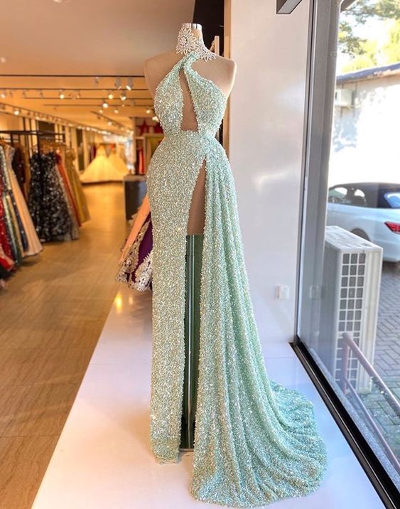 modest sparkly evening dresses long mint green Lace Applique luxury elegant formal evening gown