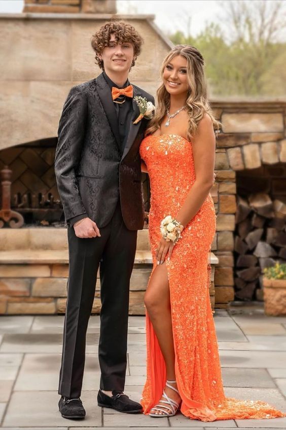 Elegant Strapless Orange Sequins Long Prom Dress Formal Evening Dresses