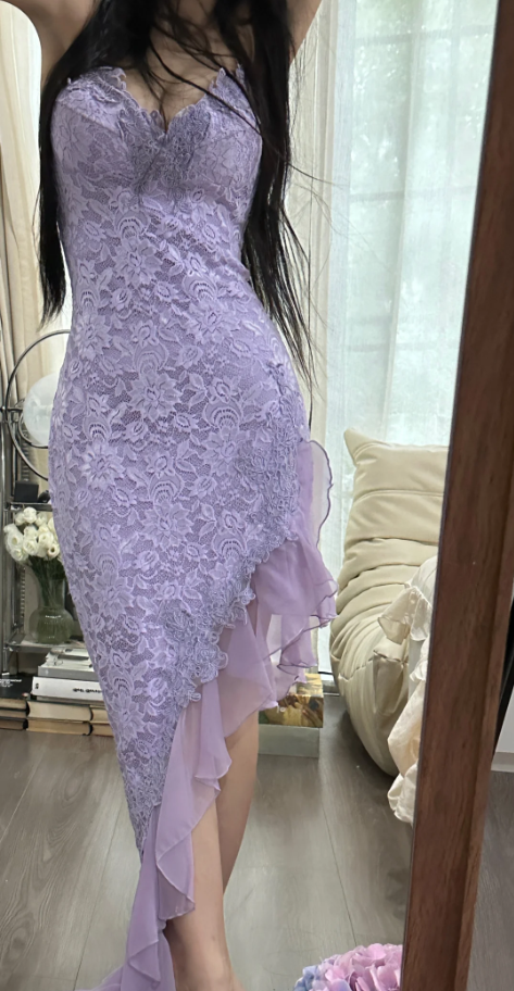 Pretty Spaghetti Straps Lavender V Neck Lace Chiffon Ruffles Long Party Dress Birthday Dress