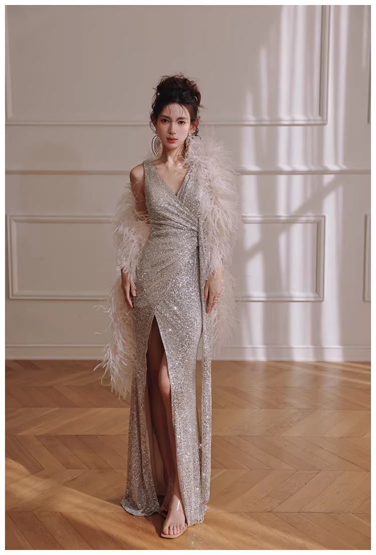 Glitter V Neck Silver Sequin Slit Mermaid Long Evening Dress Birthday Dress