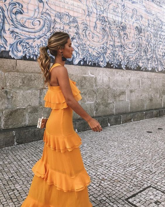 Orange Ruffle Sleeveless Layered Prom Dress Long Formal Evening Gown