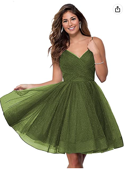Short V-Neck Tulle Homecoming Dresses Sparkly for Teens Spaghetti Straps Cocktail Dresses