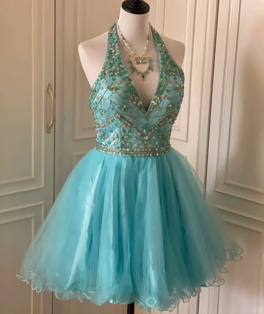Vintage Blue Tulle Beaded Sleeveless A Line Birthday Dress Homecoming Dress