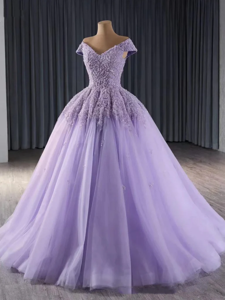 Shiny Off Shoulder Purple Sequins Beaded Long Tulle Quinceanera Dress Formal Ball Gown