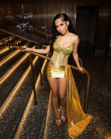 Gorgeous Gold Short Sheath Cocktail Dress Side Train Mini Birthday Dress Homecoming Dress For Black Girl