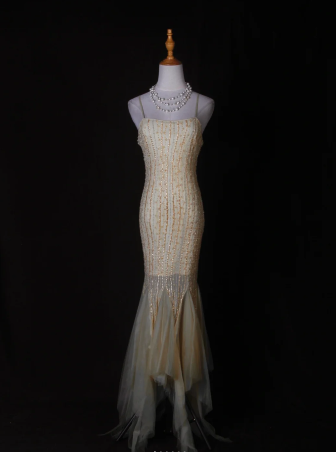 Classy Yellow Spaghetti Straps Chiffon Beaded Mermaid Long Party Dress Formal Birthday Evening Dress