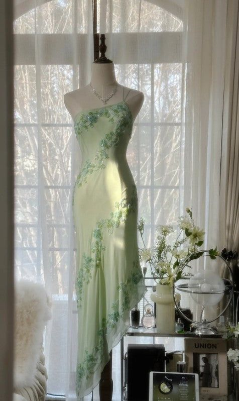 Glamorous Light green Chiffon Beaded Mermaid Evening Dress,One Shoulder Party Prom Dress