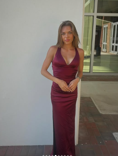 Burgundy Satin Plunging V- Neckline Long Evening Dress, Prom Dresses, Evening Party Dresses