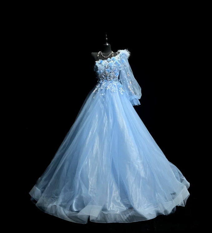 Pretty One Shoulder Blue Tulle Appliques Long Party Dress Formal Evening Dresses