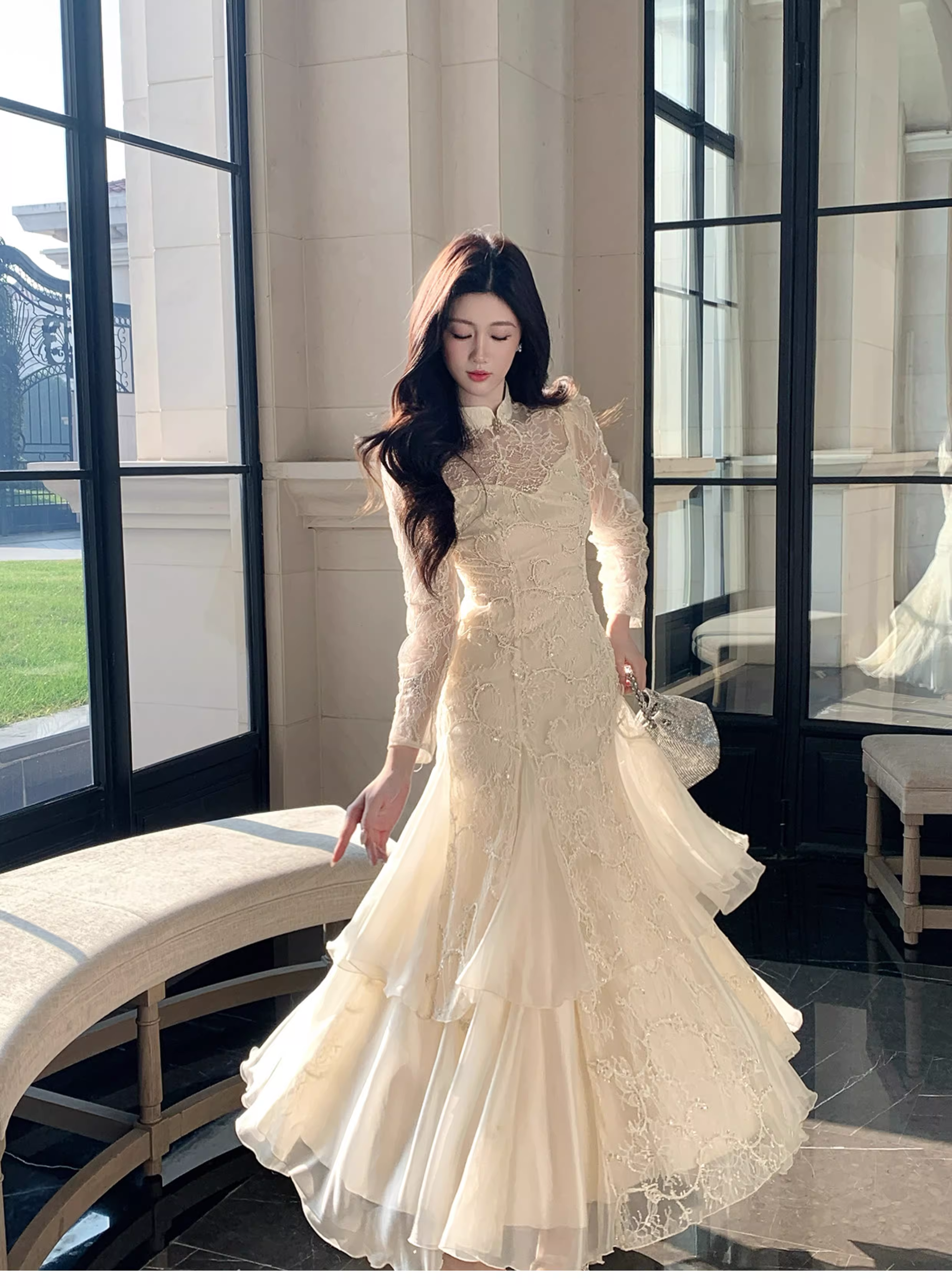 Pretty Beige Tulle Lace Mermaid Long Evening Dress Birthday Prom Dress