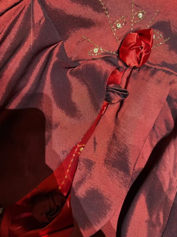 Vintage Spaghetti Straps Satin Beaded A Line Long Wedding Guest Dress Burgundy Birthday Party Dress With 3D Flowers