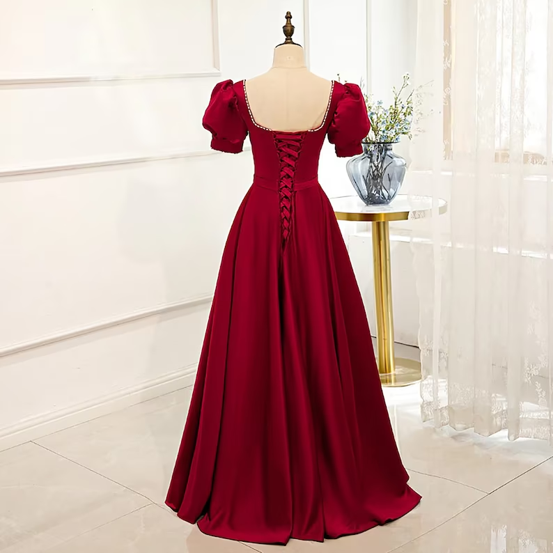 Red Satin Prom Dress Red Dress Puff Sleeve Victorian Dress
