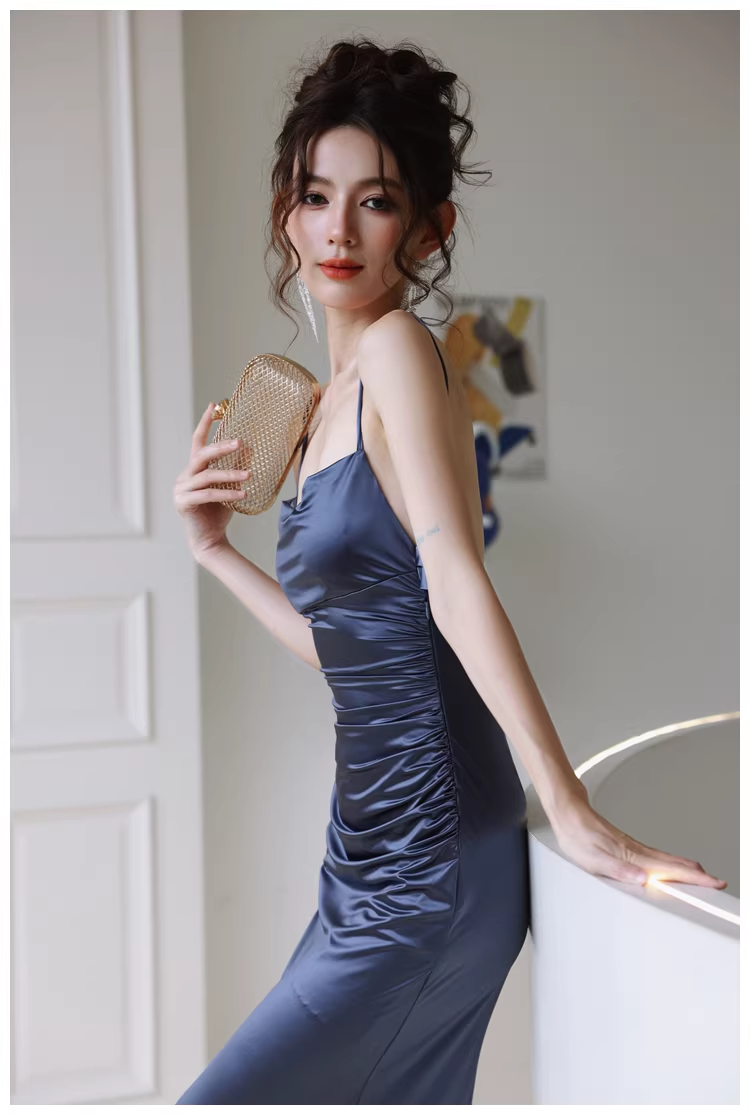 Classy Spaghetti Strap Blue Satin Mermaid Backless Evening Dress Long Wedding Guest Dress