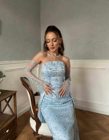 Classy Strapless Light Blue Satin Tulle Beaded Mermaid Prom Dress Long Party Gown