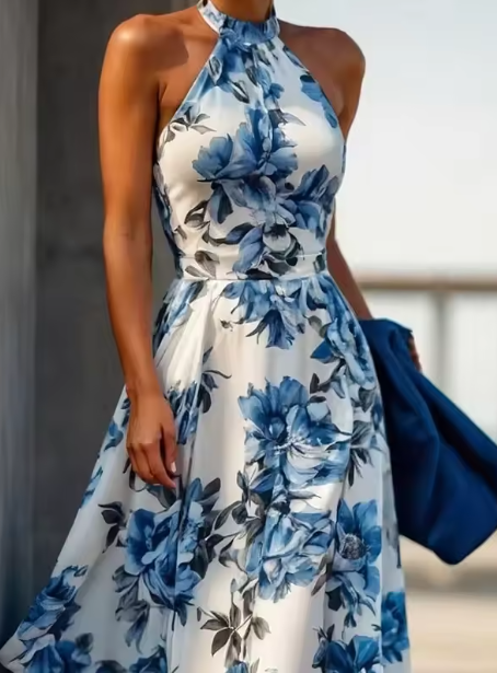 Vintage Satin Print Floral Sleeveless Party Evening Dress,Blue A Line Prom Dress