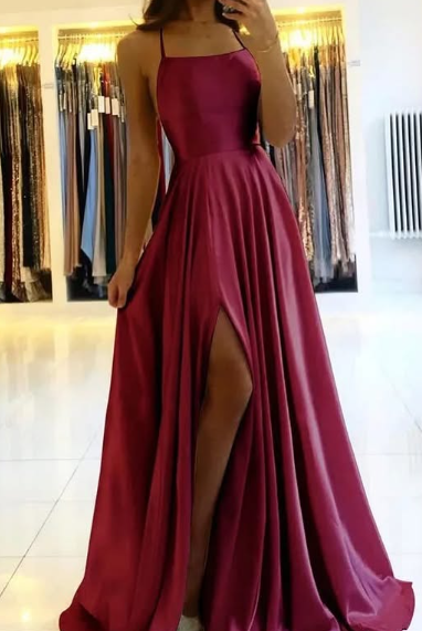 A Line Spaghetti Straps Burgundy Long Prom Dress with Split Front
