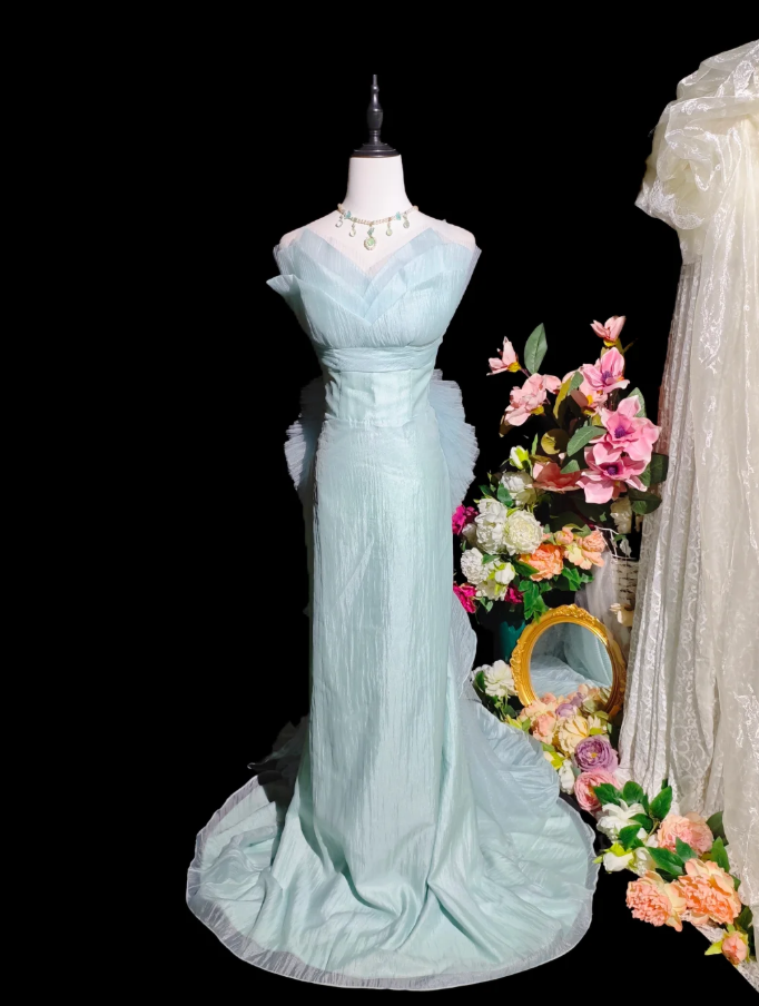 Charming Strapless Blue Tulle Mermaid Long Party Dress Birthday Prom Gown
