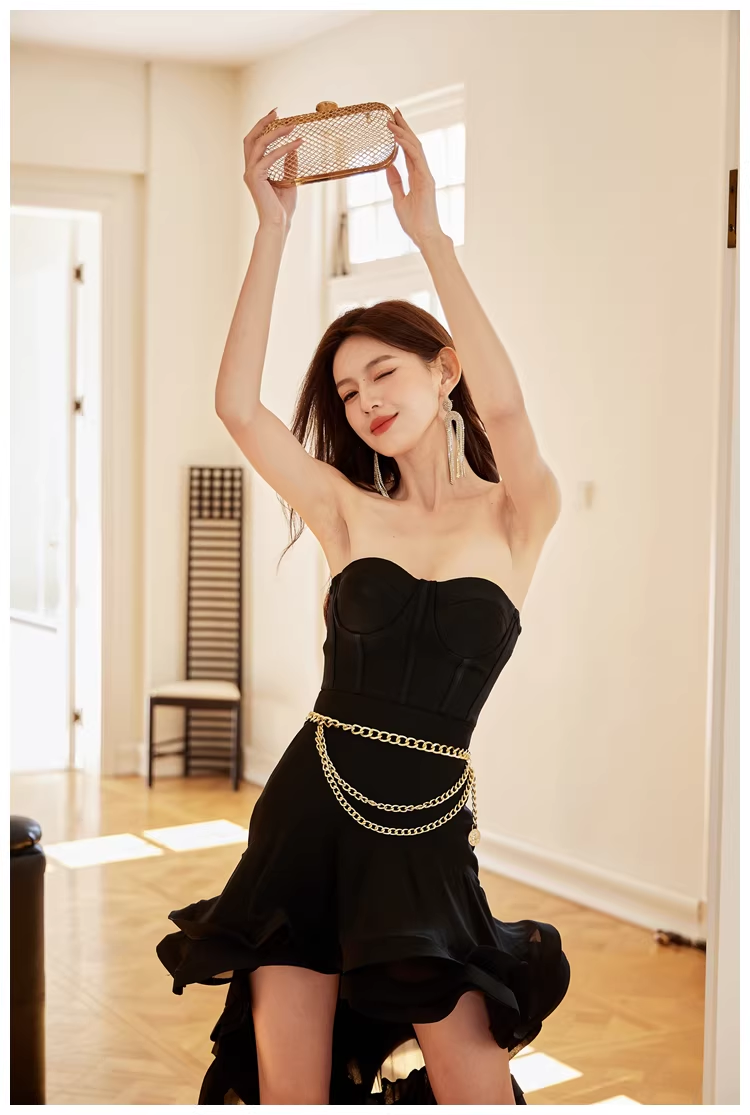 Sexy Strapless Black Ruffle Irregular Swallowtail Hem Birthday Dress Long Evening Gown