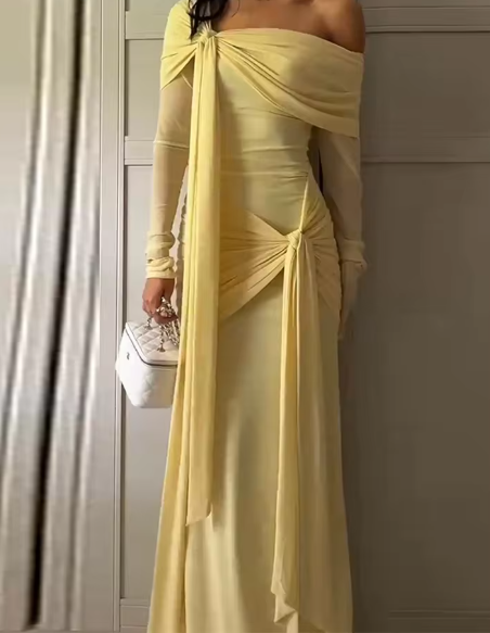 Elegant Off The Shoulder Satin Pleated Mermaid Long Party Dress Yellow Formal Wedding Guest Dress
