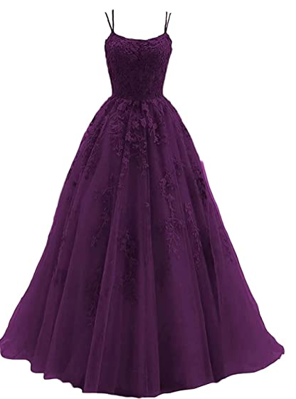 Silver spaghetti strap prom dress, long tulle lace appliquéd women's party dress