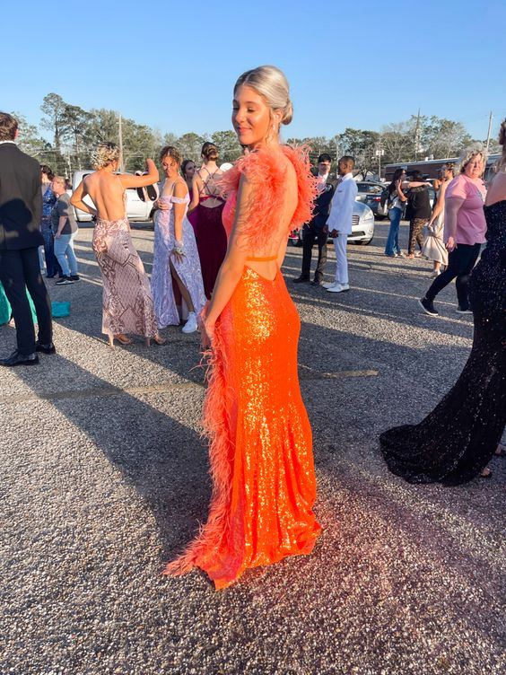 Sexy Orange Sequins Mermaid Prom Dress,Backless Prom Gown