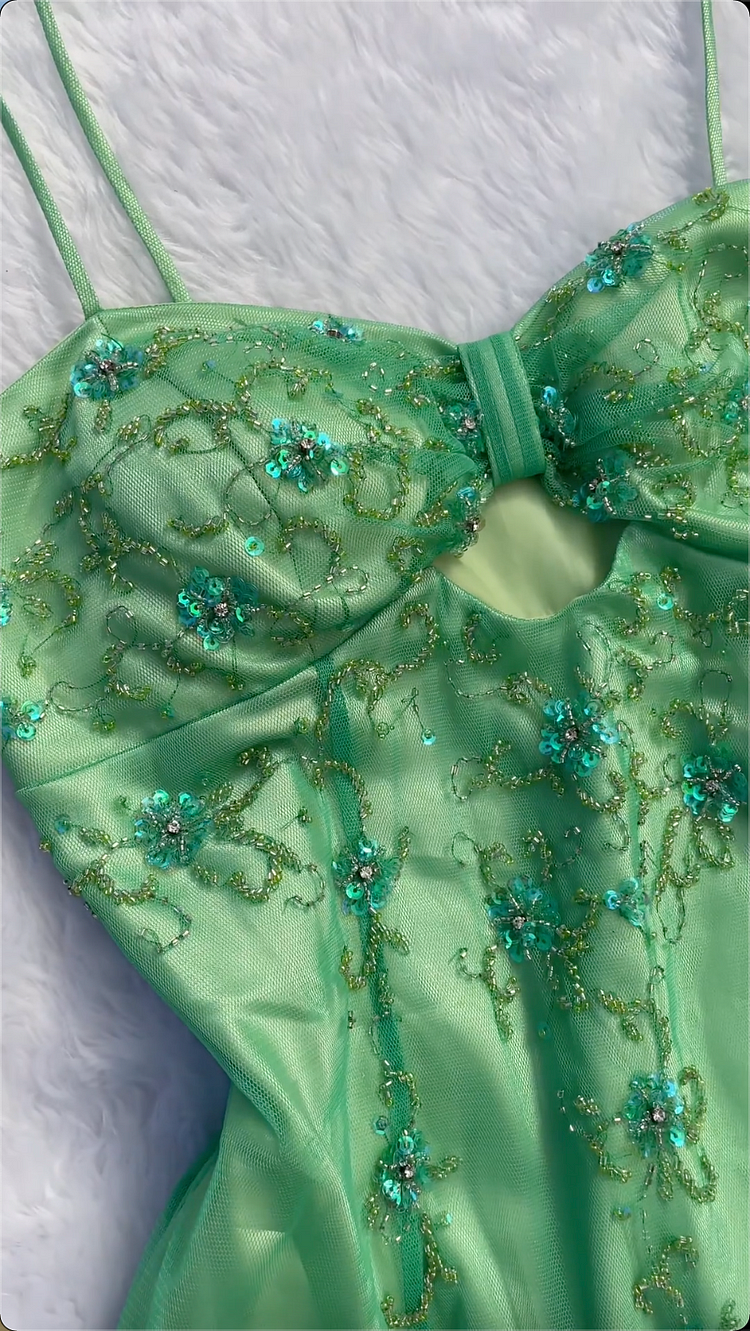 Pretty Green Satin Tulle Sequins Beaded Prom Dress,A Line Long Evening Dress