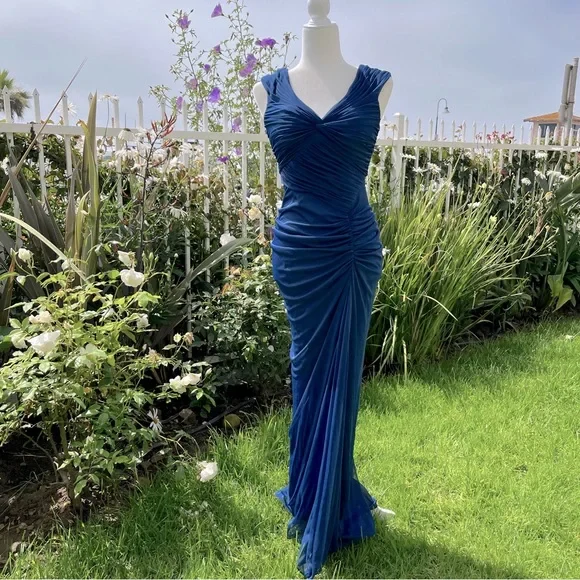 Vintage Mermaid Navy Blue Pleated Floor Length Party Dress Prom Dress